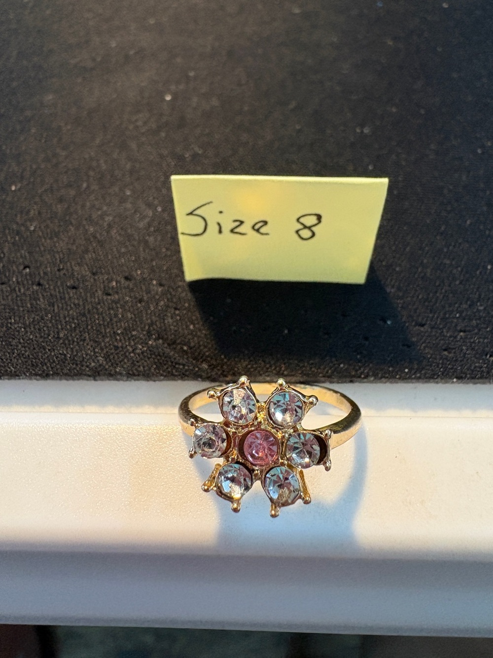 Gold-Tone Pink & Clear Floral Crystal Ring - Size 8